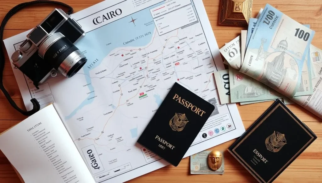 Tourist planning a Cairo Egypt trip with map, guidebook, and camera