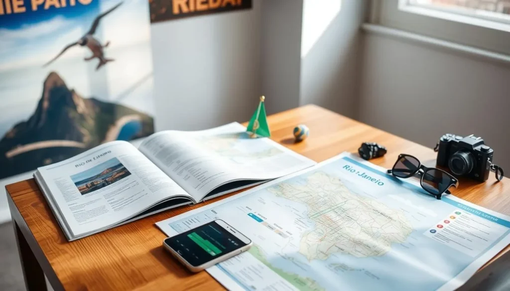 Tourist planning a trip to Rio de Janeiro with a map, guidebook, and camera on a table with Sugarloaf Mountain visible through a window