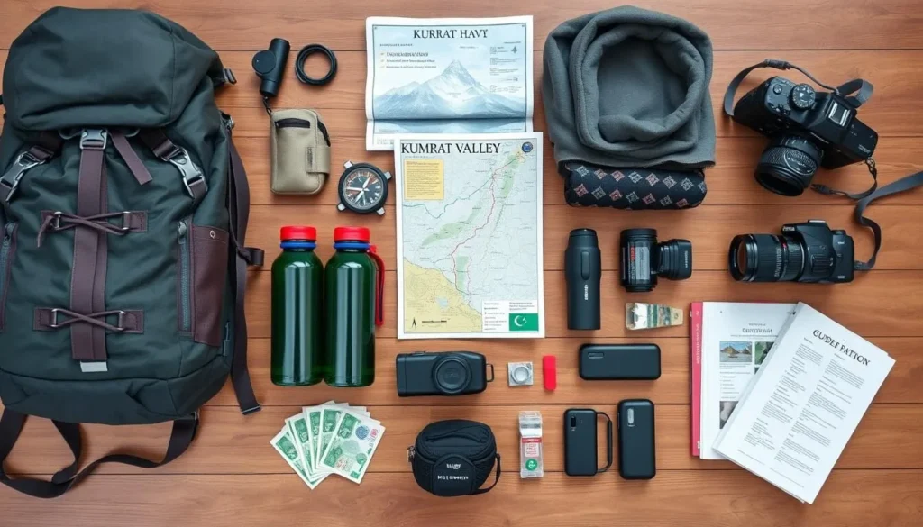 Tourist preparing equipment for a trip to Kumrat Valley, Pakistan with maps, backpack, and camping gear