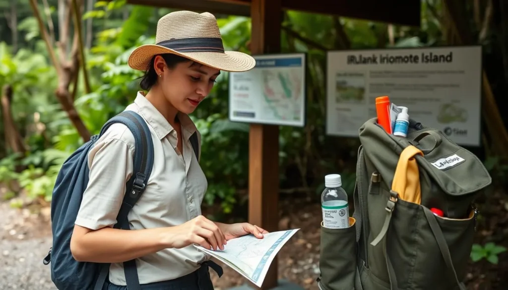Tourist preparing for Iriomote adventure with proper gear and map