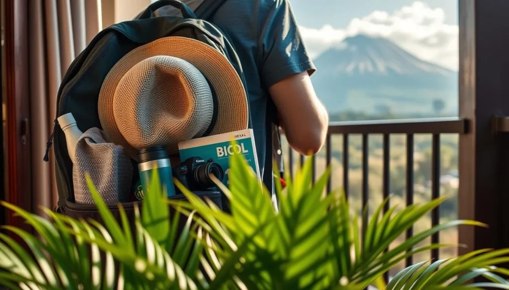 Tourist preparing for a day trip in Bicol with essential items like sunscreen, hat, water bottle, and camera with Mayon Volcano in background Tourist preparing for a day trip in Bicol with essential items like sunscreen, hat, water bottle, and camera with Mayon Volcano in background