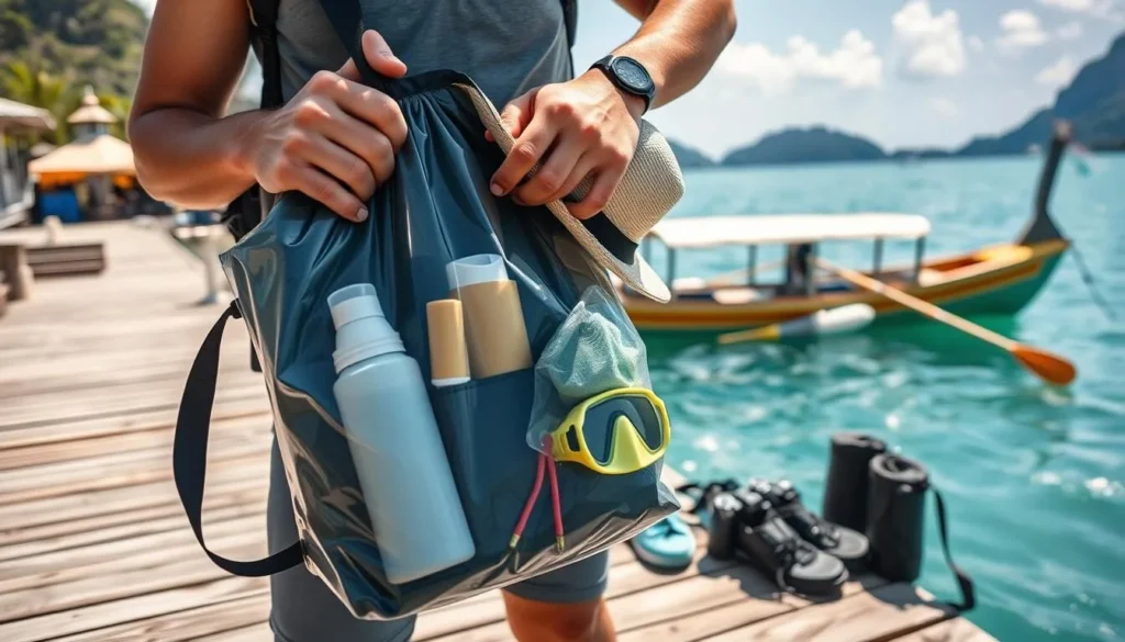 Tourist preparing for island hopping in Coron with proper gear including dry bag, snorkel equipment, and sun protection