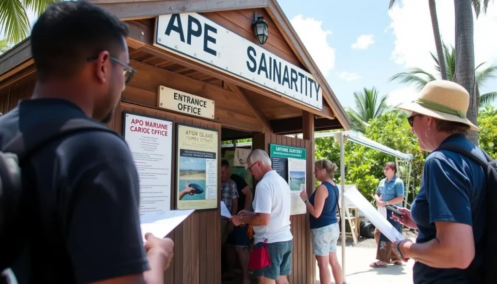 Tourist registering and paying fees at the Apo Island Marine Sanctuary entrance office Tourist registering and paying fees at the Apo Island Marine Sanctuary entrance office