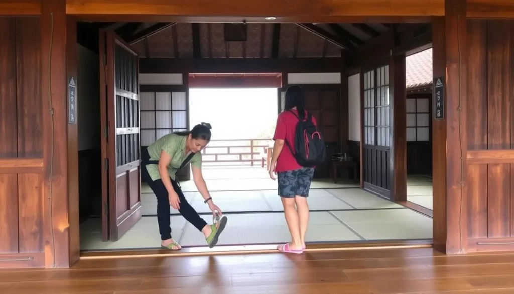 Tourist removing shoes before entering a traditional Ryukyuan house in the Yaeyama Islands Tourist removing shoes before entering a traditional Ryukyuan house in the Yaeyama Islands