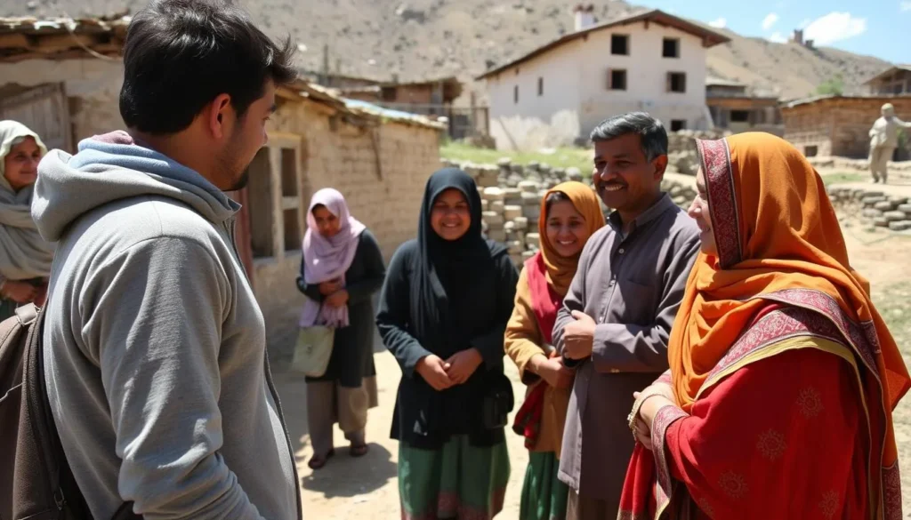Tourist respectfully interacting with Kalasha locals, asking permission before taking photographs in a village setting