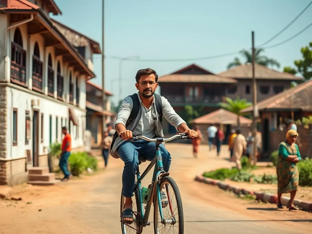 Tourist riding bicycle through Sauraha village near Chitwan National Park