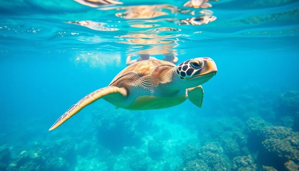 Tourist snorkeling with a green sea turtle in the clear waters of Apo Island, Philippines Tourist snorkeling with a green sea turtle in the clear waters of Apo Island, Philippines