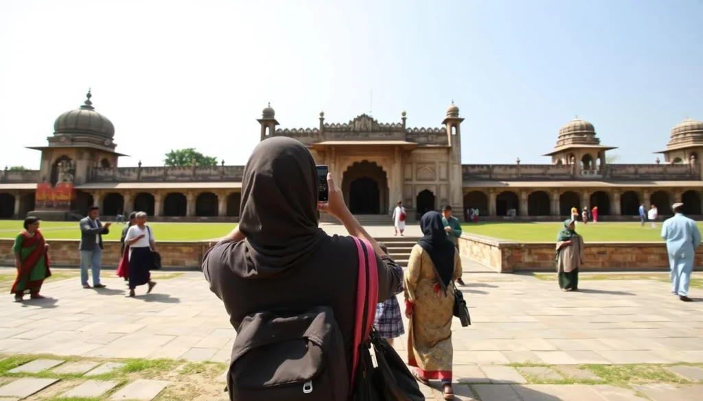 Tourist taking photos at a historical site in Dinajpur with proper attire