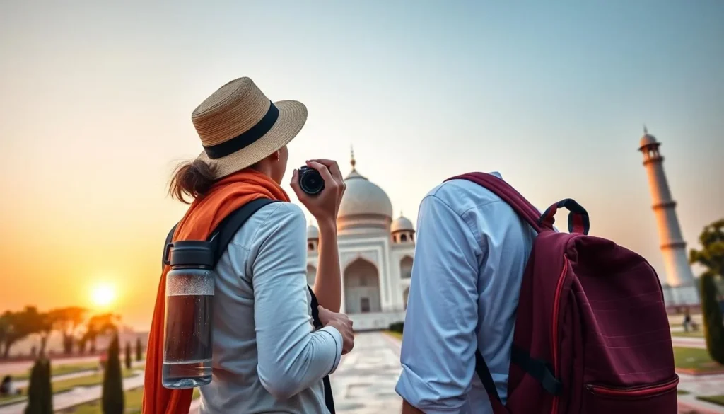 Tourist taking photos at the Taj Mahal with proper attire and equipment, demonstrating practical travel tips Tourist taking photos at the Taj Mahal with proper attire and equipment, demonstrating practical travel tips