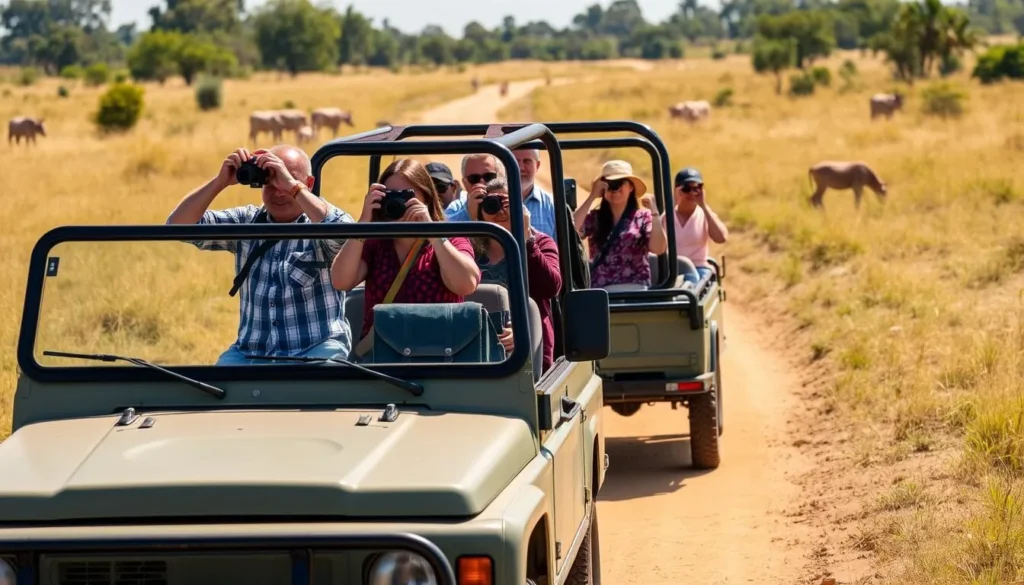Tourist taking photos during jeep safari in Chitwan National Park