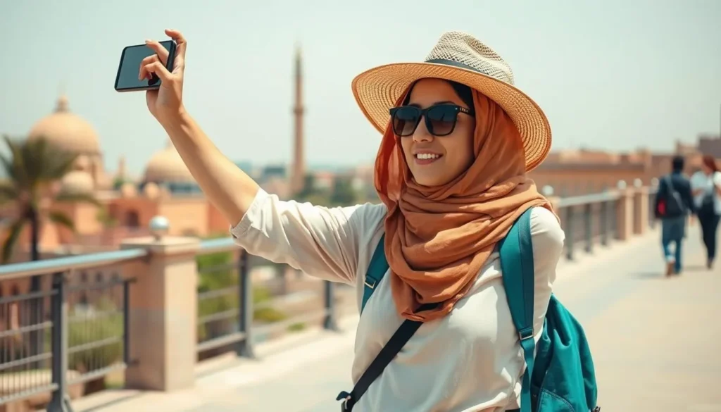 Tourist taking photos in Cairo Egypt wearing appropriate clothing for the climate and culture