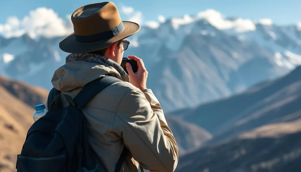 Tourist taking photos in Hunza Valley with proper clothing and gear