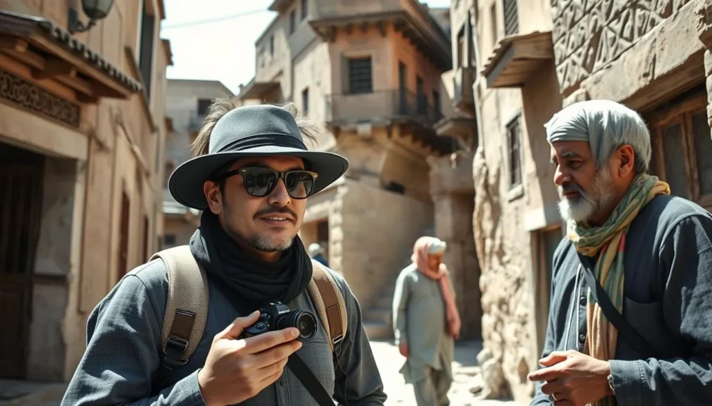 Tourist taking photos in Peshawar old city with local guide