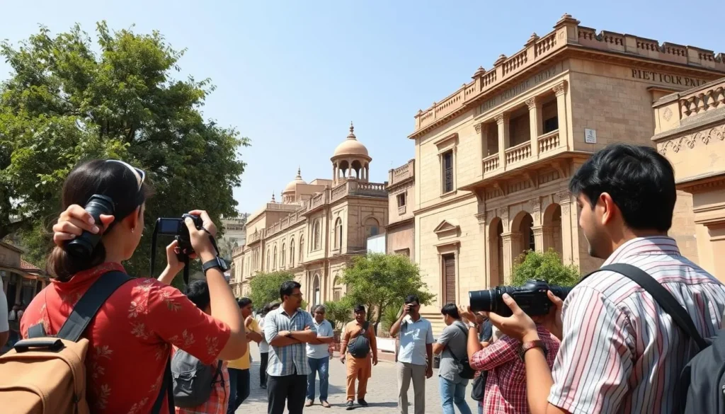 Tourist taking photos of historical buildings in Sargodha with local guide
