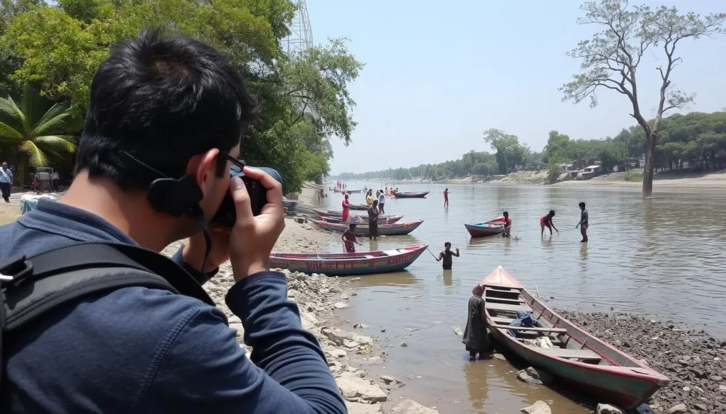 Tourist taking photos of local life along the riverbanks of Barisal