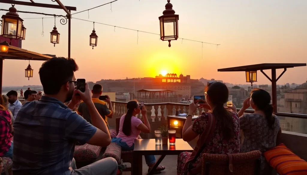 Tourist taking photos of the sunset from a rooftop restaurant with Jaisalmer Fort in the background Tourist taking photos of the sunset from a rooftop restaurant with Jaisalmer Fort in the background