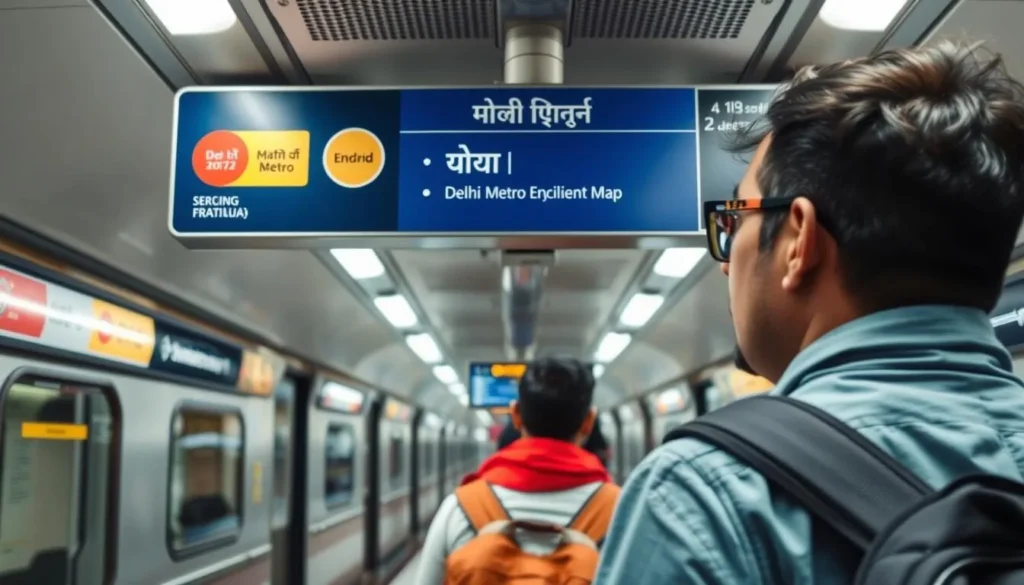 Tourist using Delhi Metro with metro map visible in the background Tourist using Delhi Metro with metro map visible in the background
