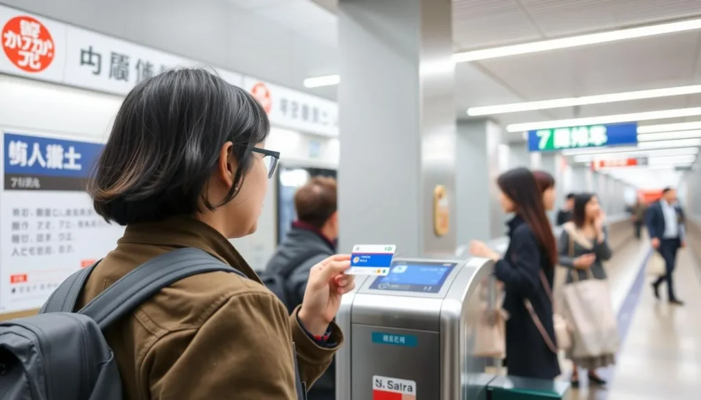 Tourist using a Suica card to access Tokyo's subway system, essential knowledge for exploring the best things to do in Tokyo Japan Tourist using a Suica card to access Tokyo's subway system, essential knowledge for exploring the best things to do in Tokyo Japan
