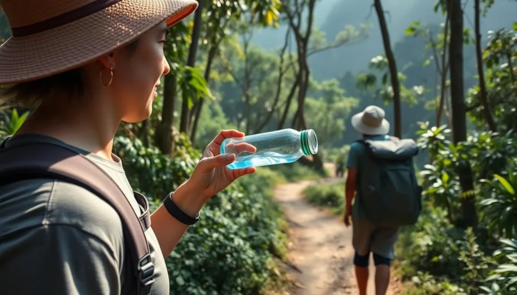 Tourist using a reusable water bottle while hiking in Samal Island Philippines Tourist using a reusable water bottle while hiking in Samal Island Philippines