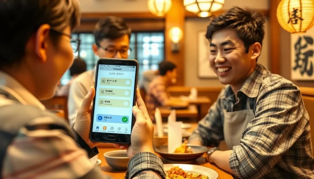 Tourist using a translation app at a restaurant in Otsu City, Japan