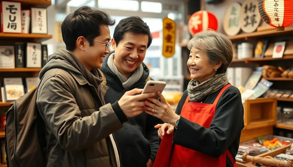 Tourist using a translation app to communicate with a local shopkeeper in Hiroshima Tourist using a translation app to communicate with a local shopkeeper in Hiroshima