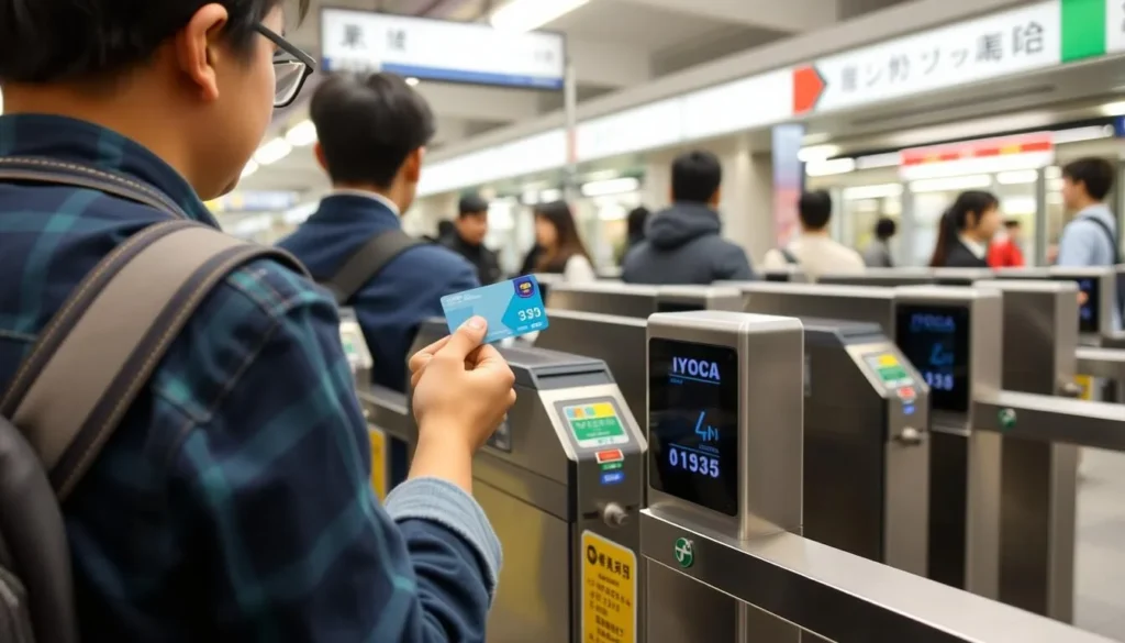 Tourist using a transportation IC card to tap through train station gates in Osaka
