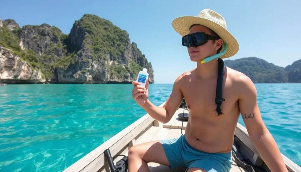 Tourist using reef-safe sunscreen before snorkeling in El Nido, demonstrating responsible tourism while enjoying the best things to do in El Nido, Philippines Tourist using reef-safe sunscreen before snorkeling in El Nido, demonstrating responsible tourism while enjoying the best things to do in El Nido, Philippines
