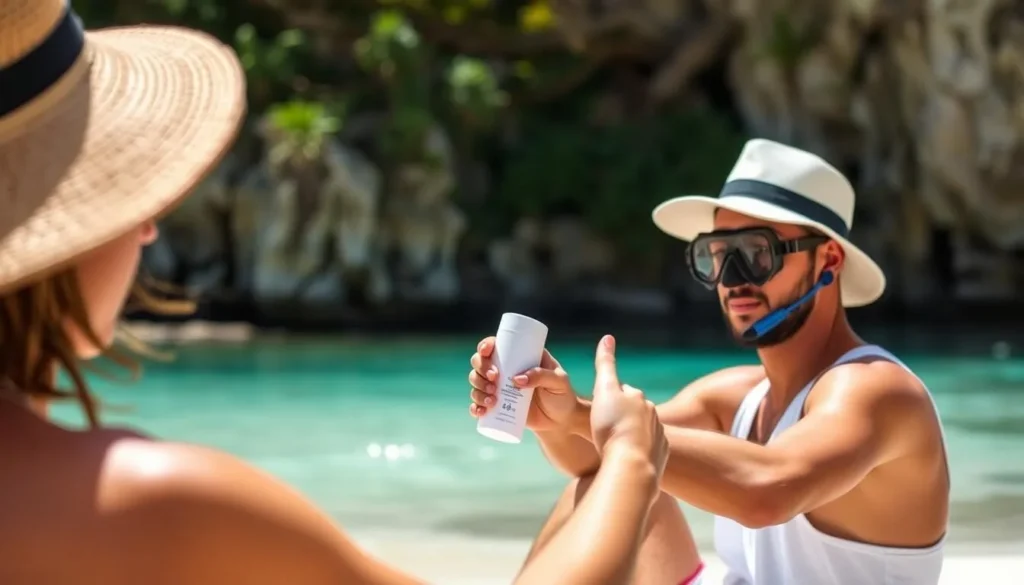 Tourist using reef-safe sunscreen before snorkeling in Panglao's clear waters
