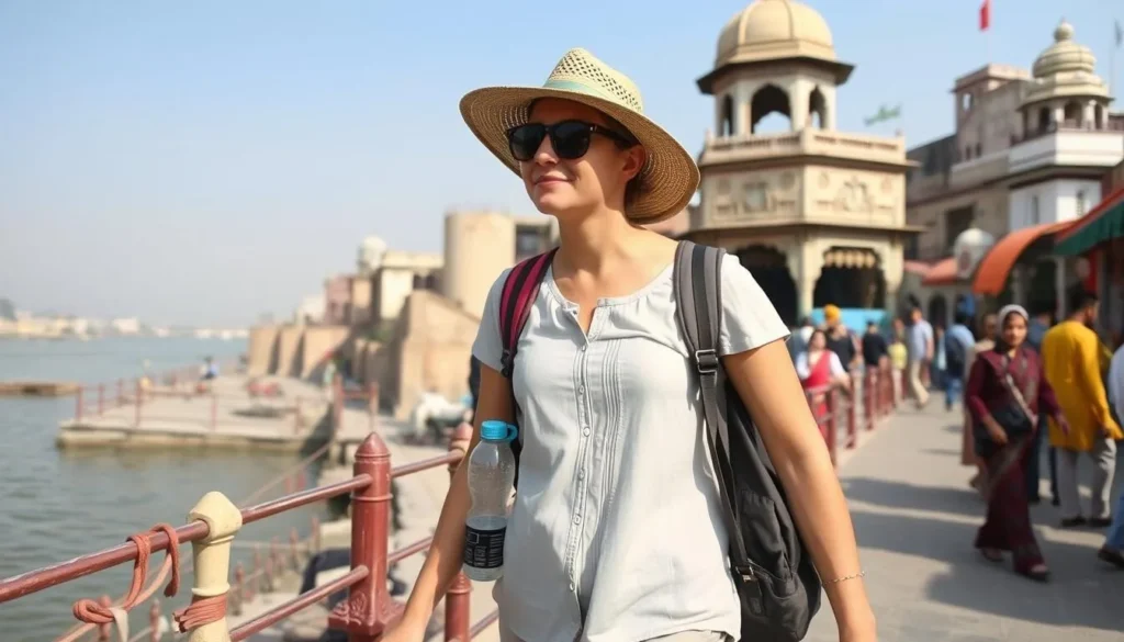 Tourist wearing comfortable clothing and carrying water bottle while exploring Varanasi's ghats on a sunny day