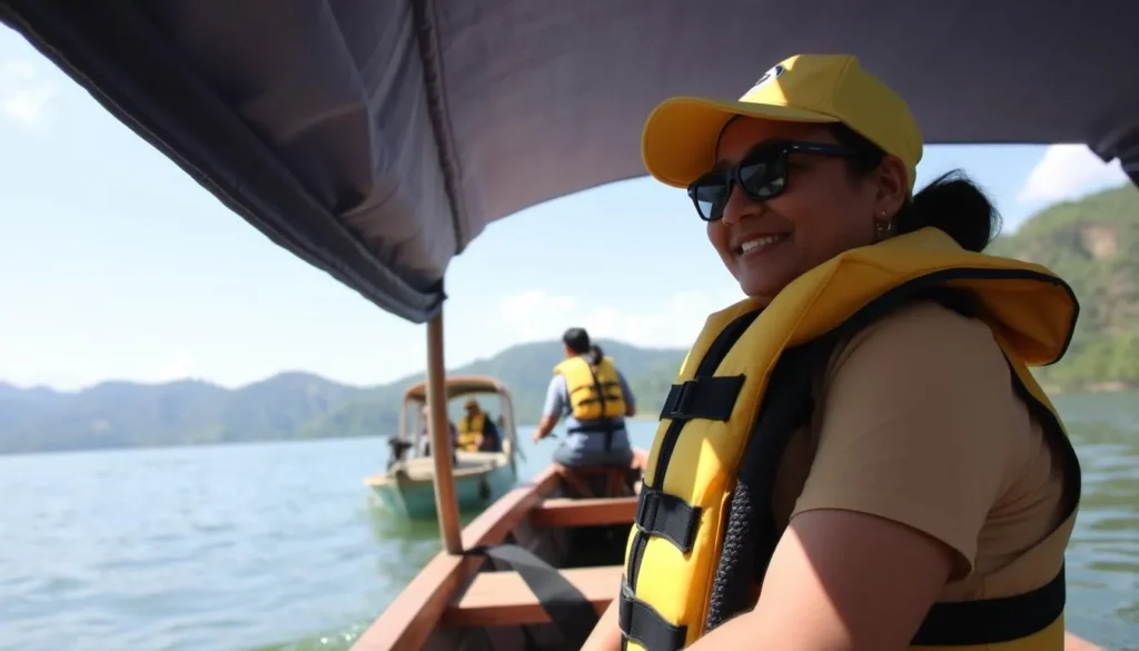 Tourist wearing life jacket during boat tour on Kaptai Lake