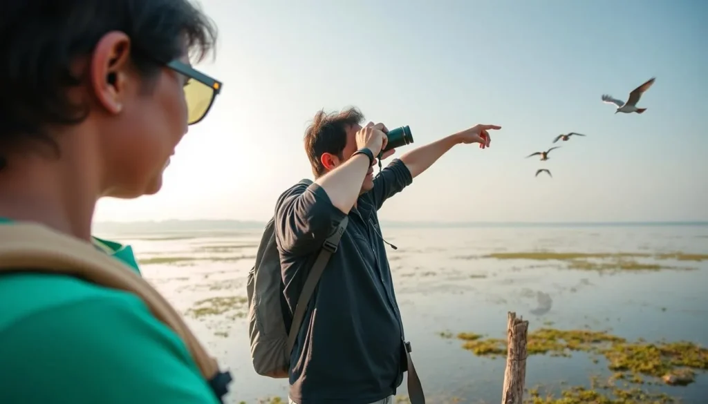 Tourist with local guide birdwatching at Bashkhali Lake
