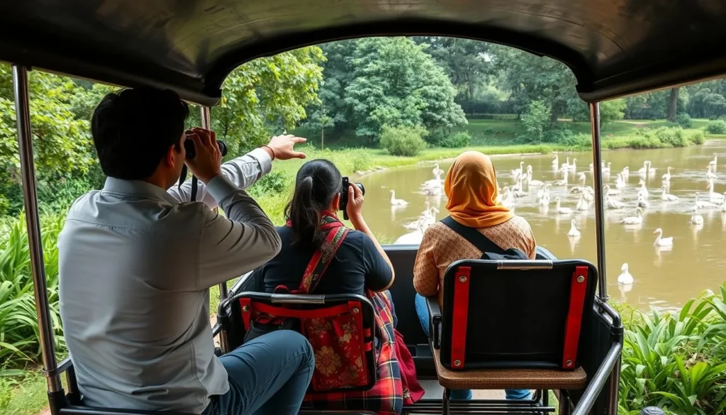 Tourists bird watching from a cycle rickshaw in Keoladeo National Park, Bharatpur Tourists bird watching from a cycle rickshaw in Keoladeo National Park, Bharatpur