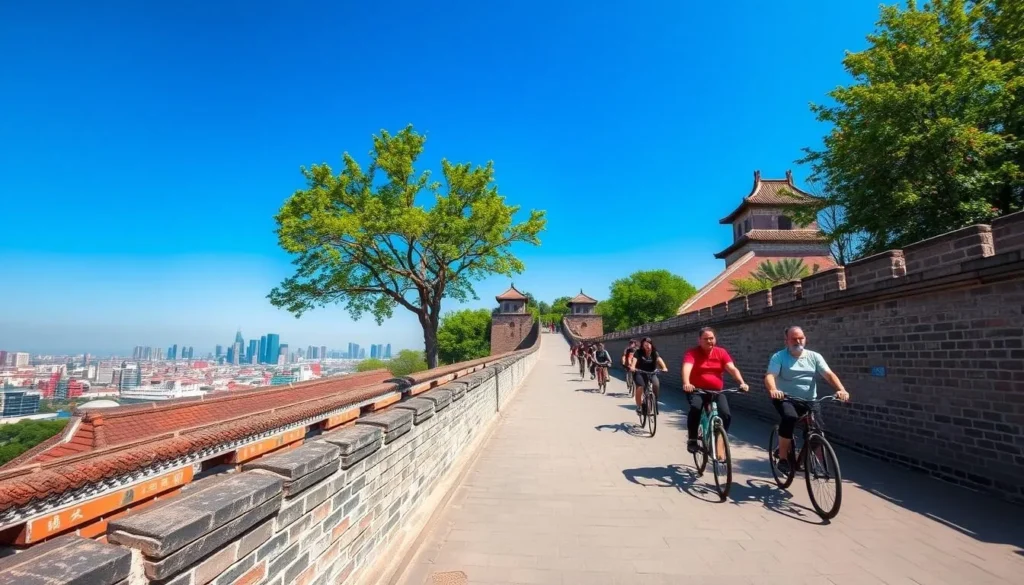 Tourists cycling on top of Xi'An's Ancient City Wall with city views
