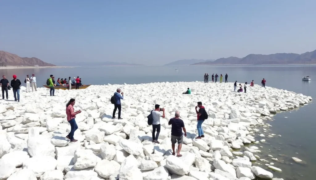 Tourists enjoying a day trip at Bholaganj Lake, taking photos and exploring the area