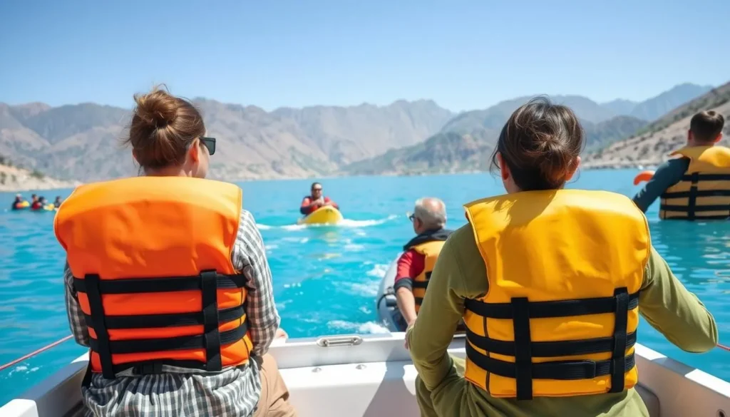 Tourists enjoying activities at Attabad Lake with proper safety equipment