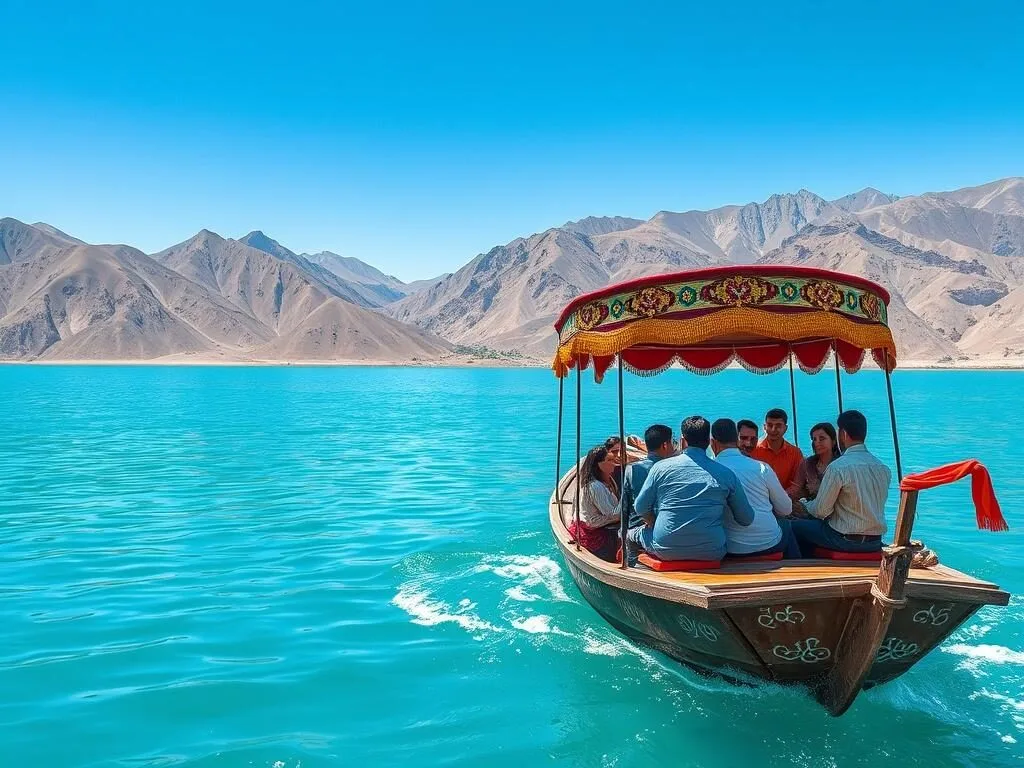 Tourists enjoying boat ride on the turquoise waters of Attabad Lake