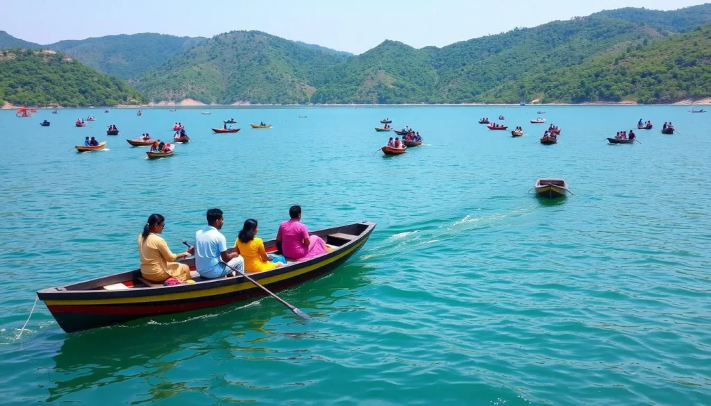 Tourists enjoying boat rides on Foy's Lake Bangladesh with mountains in the background