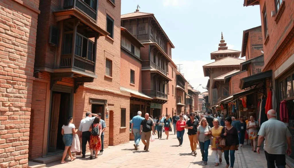 Tourists exploring the narrow brick streets of Bhaktapur with traditional Newari houses