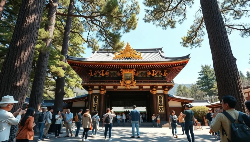 Tourists exploring the ornate Yomeimon Gate at Toshogu Shrine in Nikko Tourists exploring the ornate Yomeimon Gate at Toshogu Shrine in Nikko