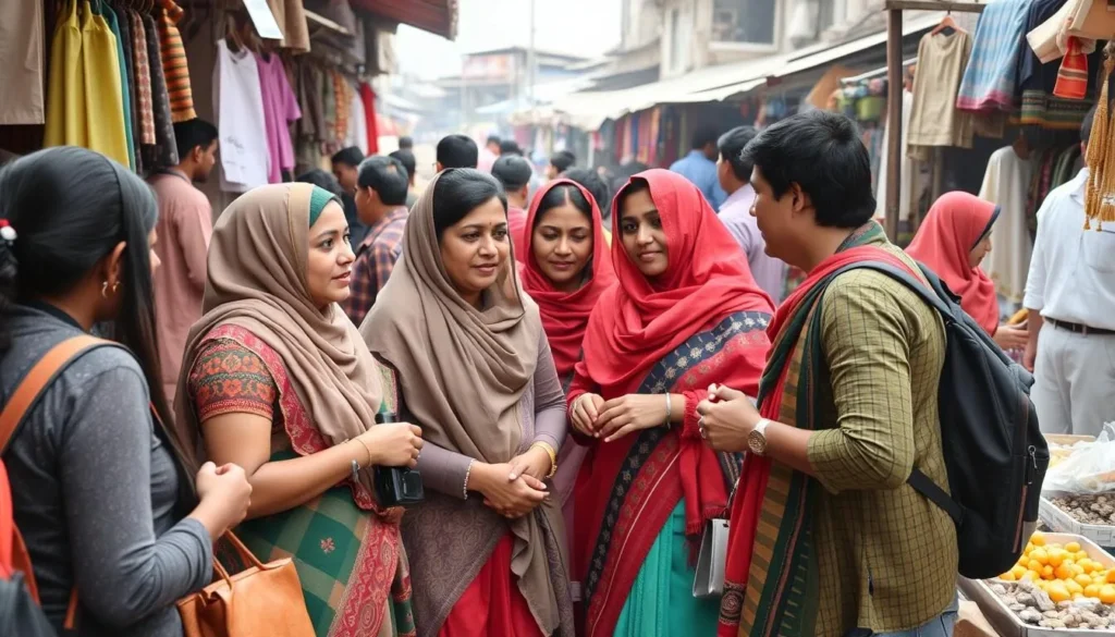 Tourists interacting respectfully with locals in Jamalpur market