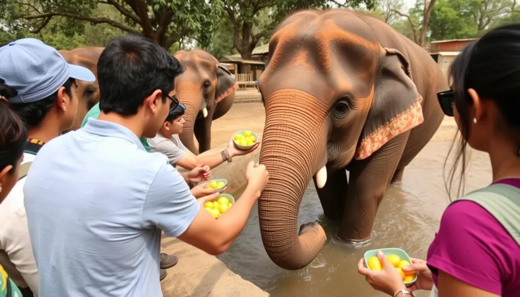 Tourists interacting with elephants at an ethical sanctuary near Jaipur, feeding and bathing the animals