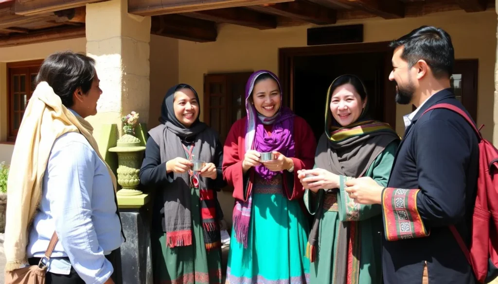 Tourists interacting with local Hunza people in traditional dress