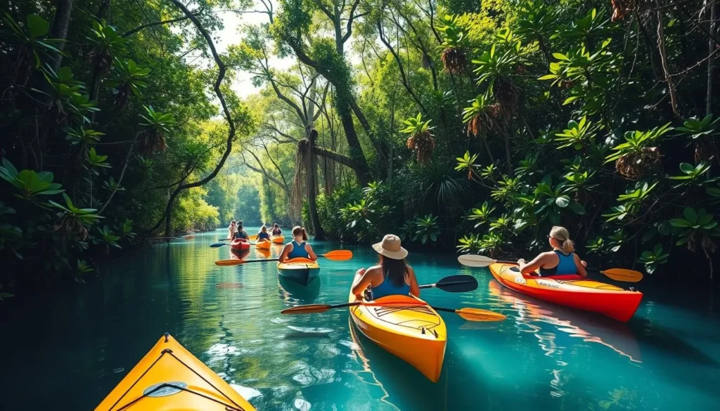 Tourists kayaking through Iriomote's lush mangrove forest rivers