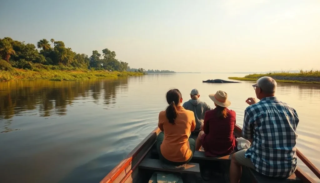Tourists on a boat safari in Karnali River spotting crocodiles