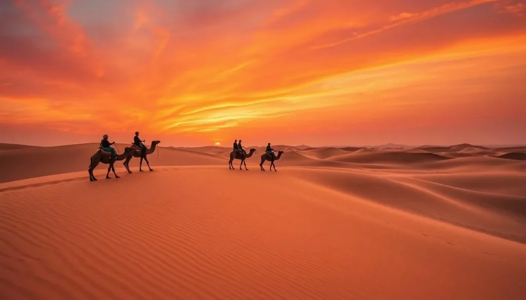 Tourists on a camel safari crossing sand dunes in the Thar Desert at sunset near Jaisalmer Tourists on a camel safari crossing sand dunes in the Thar Desert at sunset near Jaisalmer