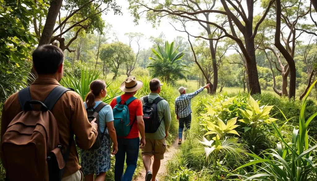 Tourists on a jungle walk in Bardiya National Park spotting wildlife