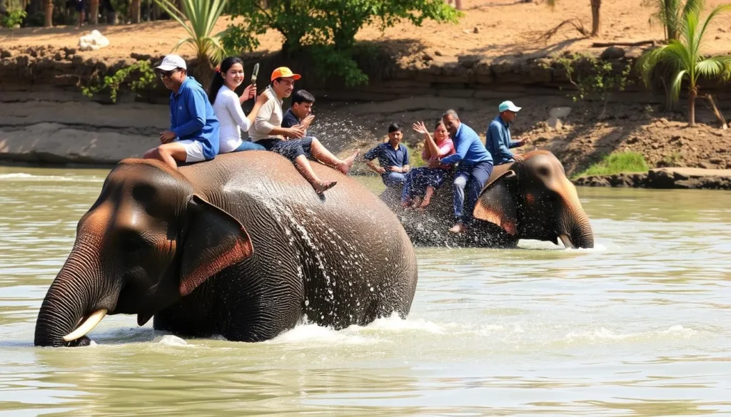Tourists participating in elephant bathing in Rapti River, Bharatpur Nepal