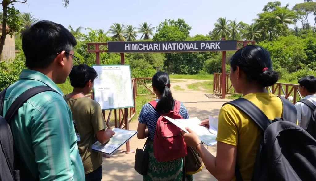 Tourists planning their route at Himchari National Park entrance with information boards Tourists planning their route at Himchari National Park entrance with information boards