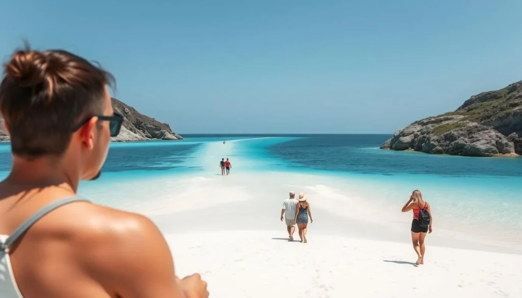 Tourists relaxing on Kalanggaman Island's famous sandbar with crystal clear water on both sides Tourists relaxing on Kalanggaman Island's famous sandbar with crystal clear water on both sides