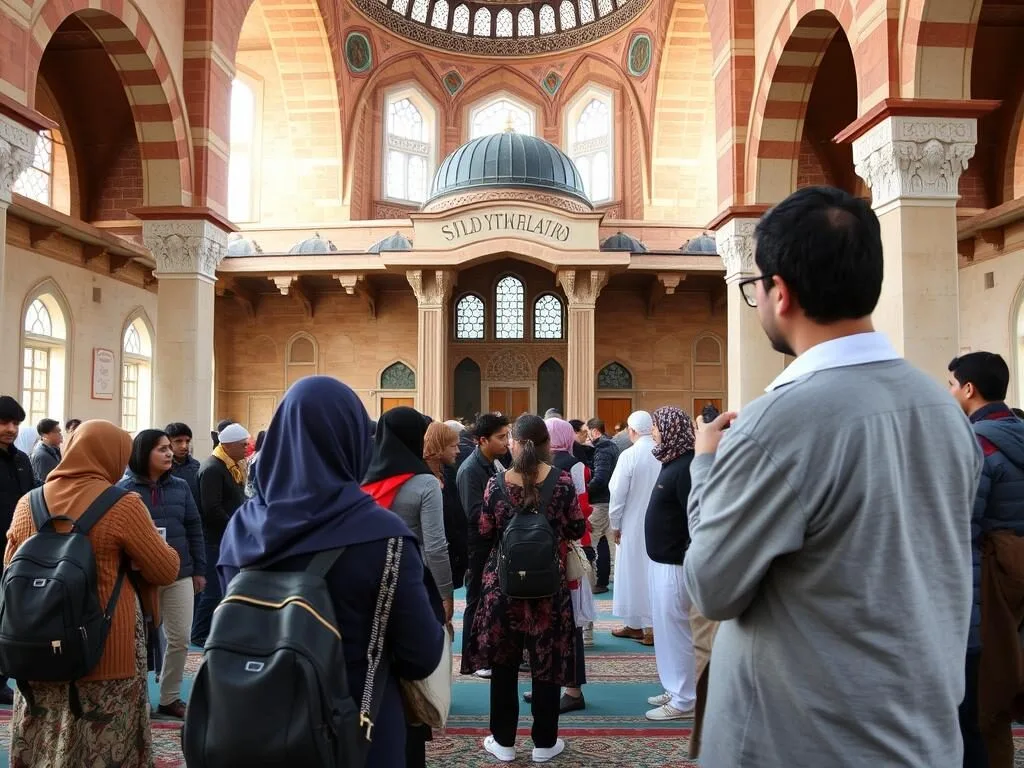 Tourists respectfully visiting a local mosque in Kashmir with appropriate dress Tourists respectfully visiting a local mosque in Kashmir with appropriate dress